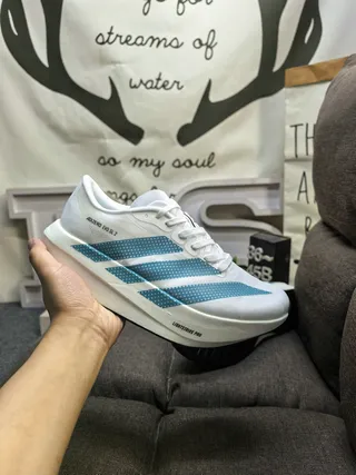 Adidas White Blue Lightweight Racing Silhouette Dot-Patterned Striped Overlays Running Shoes