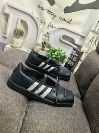 Adidas Mary Jane Black White Leather-Like Upper Three Stripes Mary Jane Shoes
