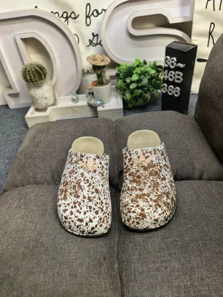 White Brown Speckled Cow-Print Upper Cork Sole Slippers