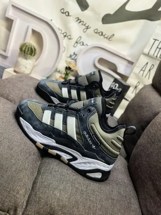 Adidas Black Army Green Sole Layered Suede And Mesh Upper Chunky Sneakers