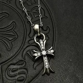 Chrome Hearts Silver Black Gothic Cross Pavé Crystal Necklace