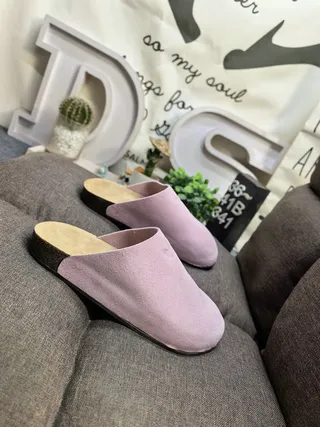 Dusty Pink Suede Cork Sole Slip-On Slippers