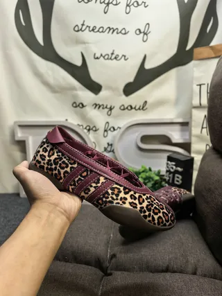 Adidas Multicolor Pink Leopard-Print Canvas Upper Maroon Three-Stripe Side Panel Ballet Flat