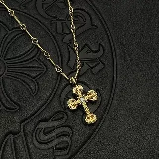 Chrome Hearts Ornate Gothic Cross Pavé Crystal Gold-Tone Necklace