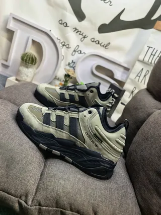 Adidas Army Green Black Layered Midsole Padded Collar Chunky Sneakers