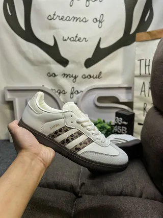 Adidas White Brown Low-Top Leopard-Print Stripes Lifestyle Sneakers