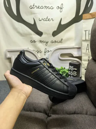 Adidas Superstar Black Gold Shell-Toe Perforated Three Stripes Lifestyle Sneakers