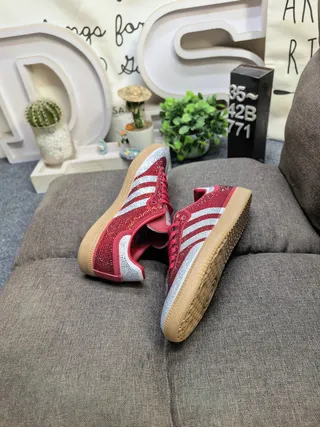Adidas Red Silver Rhinestone-Embellished Upper Three-Stripe Side Panel Lifestyle Sneakers