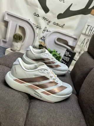 Adidas Beige Gold Engineered Knit Upper Metallic Three-Stripe Overlay Running Shoes