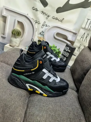 Adidas Black Army Green Sole Layered Suede And Mesh Upper Chunky Sneakers
