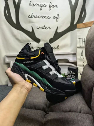 Adidas Army Green Black Layered Midsole Padded Collar Chunky Sneakers