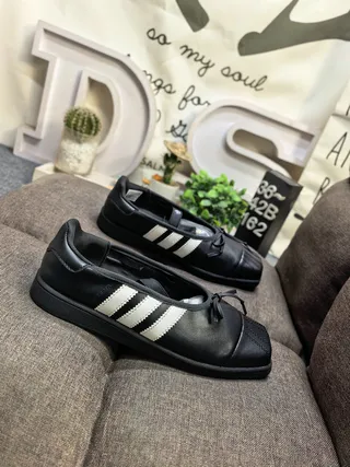 Adidas Black White Leather-Like Upper Three Stripes Mary Jane Shoes