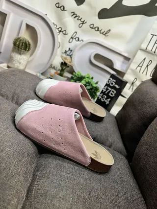 Adidas Pink White Perforated Upper Cork Footbed Slippers