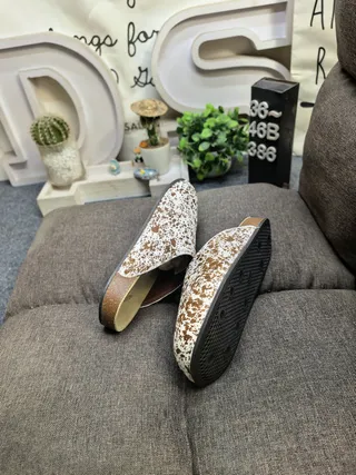 White Brown Speckled Cow-Print Upper Cork Sole Slippers
