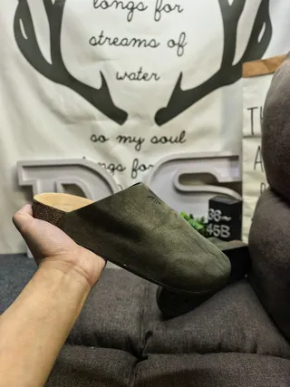 Army Green Beige Suede Upper Cork Sole Slippers