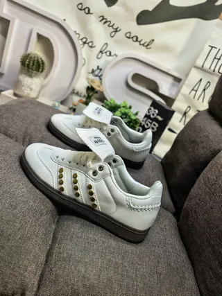 Adidas White Gold Leather Upper Stud Accents Lifestyle Sneakers