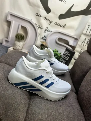 Adidas White Blue Mesh Upper Black Platform Sole Chunky Sneakers