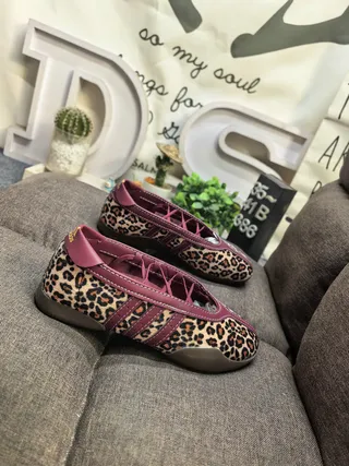 Adidas Multicolor Pink Leopard-Print Canvas Upper Maroon Three-Stripe Side Panel Ballet Flat