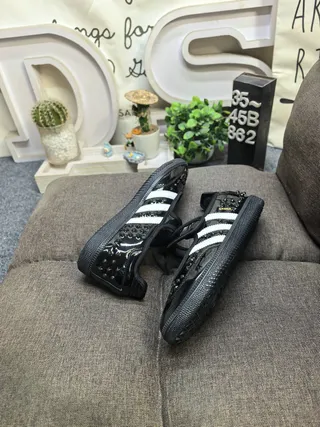 Adidas Black White Patent Upper Three-Stripe Side Panel Mary Jane Shoes
