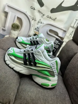 Adidas White Green Sole Mesh And Synthetic Overlays Chunky Sneakers