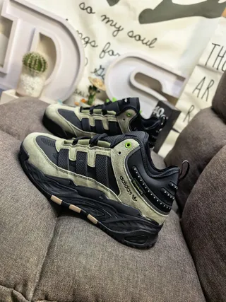 Adidas Black Army Green Sole Layered Suede And Mesh Upper Chunky Sneakers