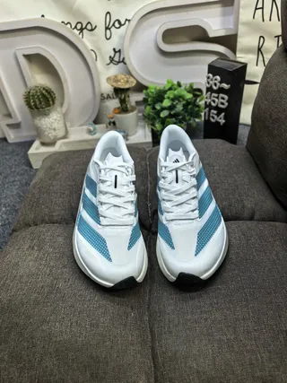 Adidas White Blue Lightweight Racing Silhouette Dot-Patterned Striped Overlays Running Shoes