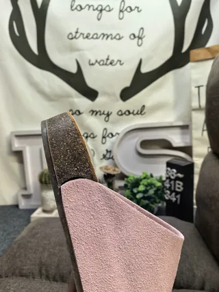 Dusty Pink Suede Cork Sole Slip-On Slippers
