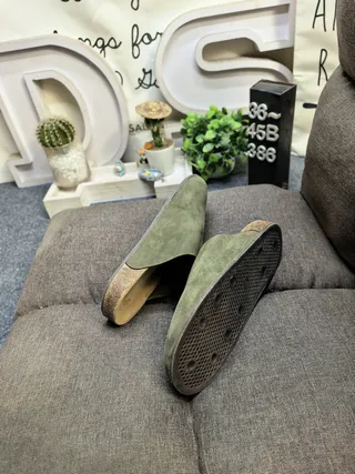 Army Green Beige Suede Upper Cork Sole Slippers
