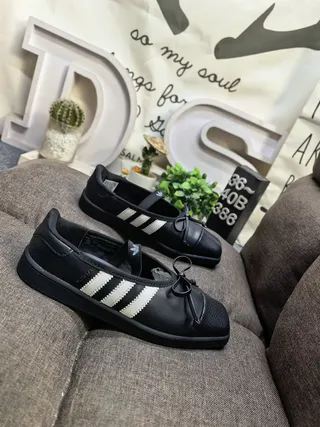 Adidas Black White Leather-Like Upper Three Stripes Mary Jane Shoes