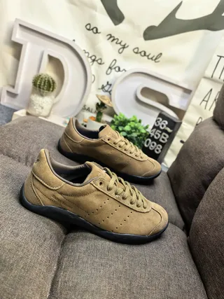 Tan Suede Perforated Low-Top Sneakers