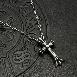 Chrome Hearts Silver Black Ornate Gothic Cross Fleur-De-Lis Terminals Necklace