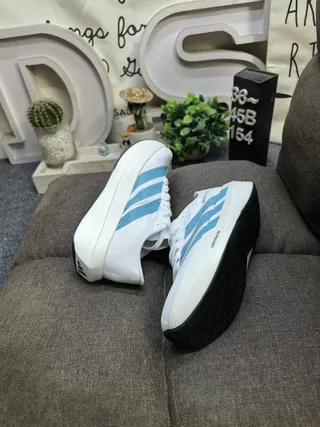Adidas White Blue Lightweight Racing Silhouette Dot-Patterned Striped Overlays Running Shoes