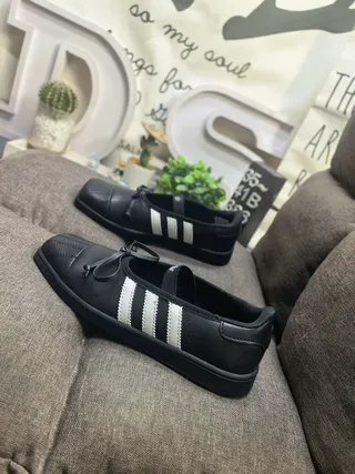 Adidas Mary Jane Black White Leather-Like Upper Three Stripes Mary Jane Shoes