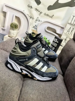 Adidas Black Army Green Sole Layered Suede And Mesh Upper Chunky Sneakers