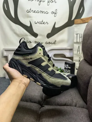 Adidas Black Army Green Sole Layered Suede And Mesh Upper Chunky Sneakers
