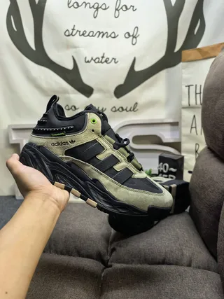 Adidas Army Green Black Layered Midsole Padded Collar Chunky Sneakers