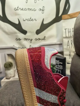 Adidas Red Silver Rhinestone-Embellished Upper Three-Stripe Side Panel Lifestyle Sneakers
