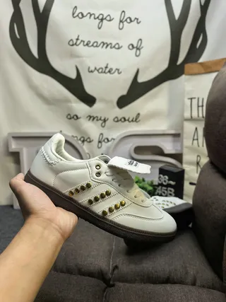 Adidas White Gold Leather Upper Stud Accents Lifestyle Sneakers