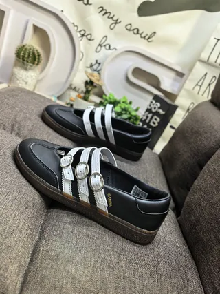 Adidas Samba Black White Leather Upper Buckle-Strapped Mary Jane Shoes