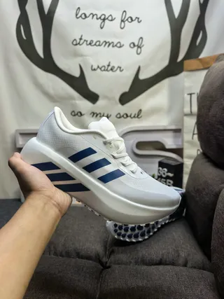Adidas White Blue Mesh Upper Black Platform Sole Chunky Sneakers