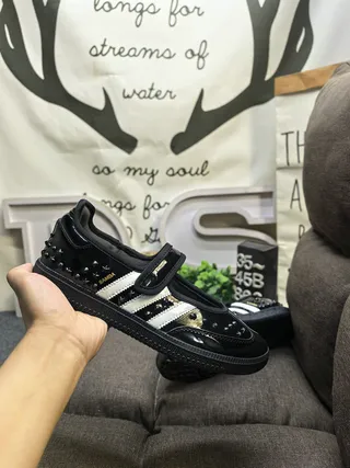 Adidas Black White Patent Upper Three-Stripe Side Panel Mary Jane Shoes