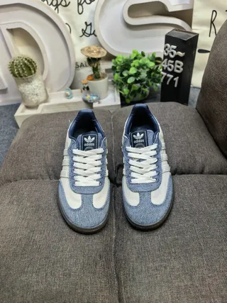 Adidas Beige Blue Denim-Textile Upper Three-Stripe Side Panel Lifestyle Sneakers