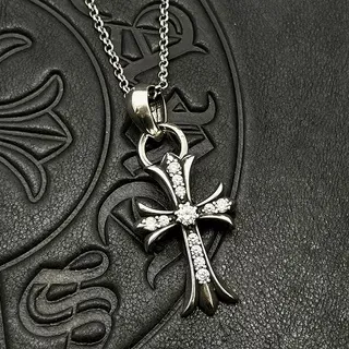 Chrome Hearts Silver Black Gothic Cross Pavé Crystal Necklace