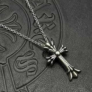 Chrome Hearts Silver Black Ornate Gothic Cross Fleur-De-Lis Terminals Necklace