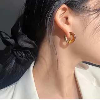 Bottega Veneta C-Shaped Hoop Brown Green Resin Inlay Earrings