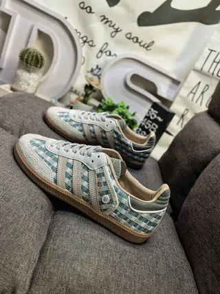 Adidas Green Beige Plaid Textile Upper Suede Heel And Toe Cap Lifestyle Sneakers