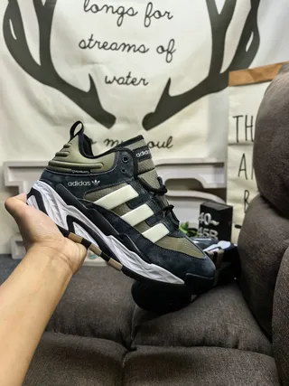 Adidas Black Army Green Sole Layered Suede And Mesh Upper Chunky Sneakers