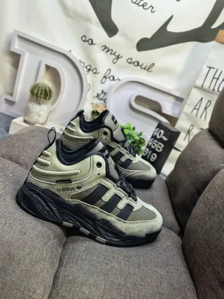 Adidas Black Army Green Sole Layered Suede And Mesh Upper Chunky Sneakers