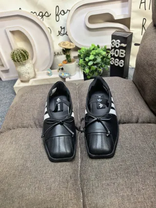 Adidas Black White Leather-Like Upper Three Stripes Mary Jane Shoes