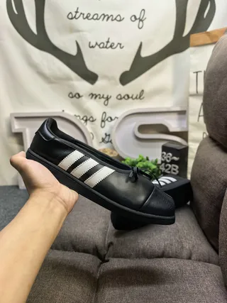 Adidas Black White Leather-Like Upper Three Stripes Mary Jane Shoes